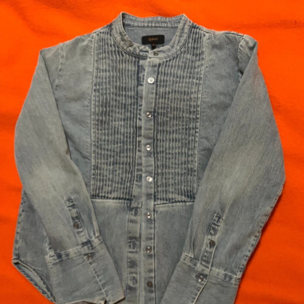 Light Denim pleated front button down shirt rom Quince